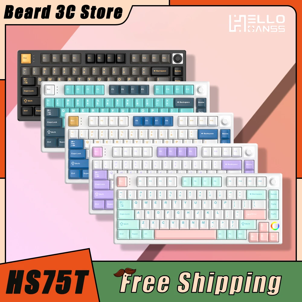 

HELLO GANSS HS75T Mechanical Keyboard Multifunctional Knob Three Mode Wireless Gaming Keyboard Hot Swap RGB Pc Gamer Office Gift