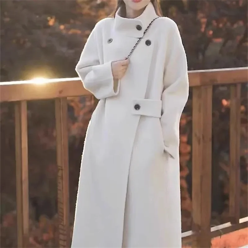 Winter Wool Coat Women Grey Turn-Down Collar Long Sleeve Single Breasted Long Wool Coat Female Long Wool Jacket
