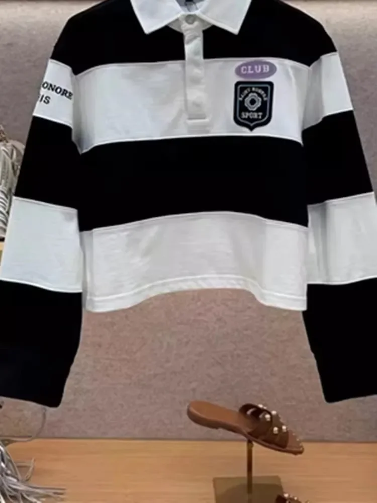 

100% Cotton Women's Black White Color Patchwork Casual Hoodies Long Sleeve Turn-Down Collar Lady Embroidery Collage Sweatshirt