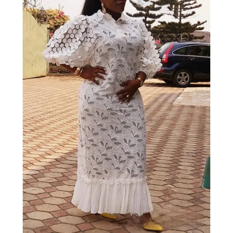 

European and American Style Plus Size Women's Clothing Lace Embroidery Loose Shirt Long Dress