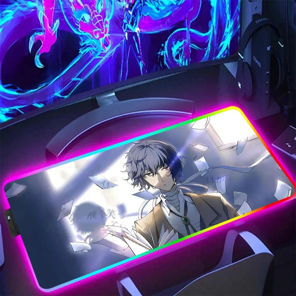 Anime Cartoon Bungo Stray Dogs RGB Pc Gamer Keyboard Mouse Pad Mousepad LED Glowing Mouse Mats Rubber Gaming Computer Mausepad