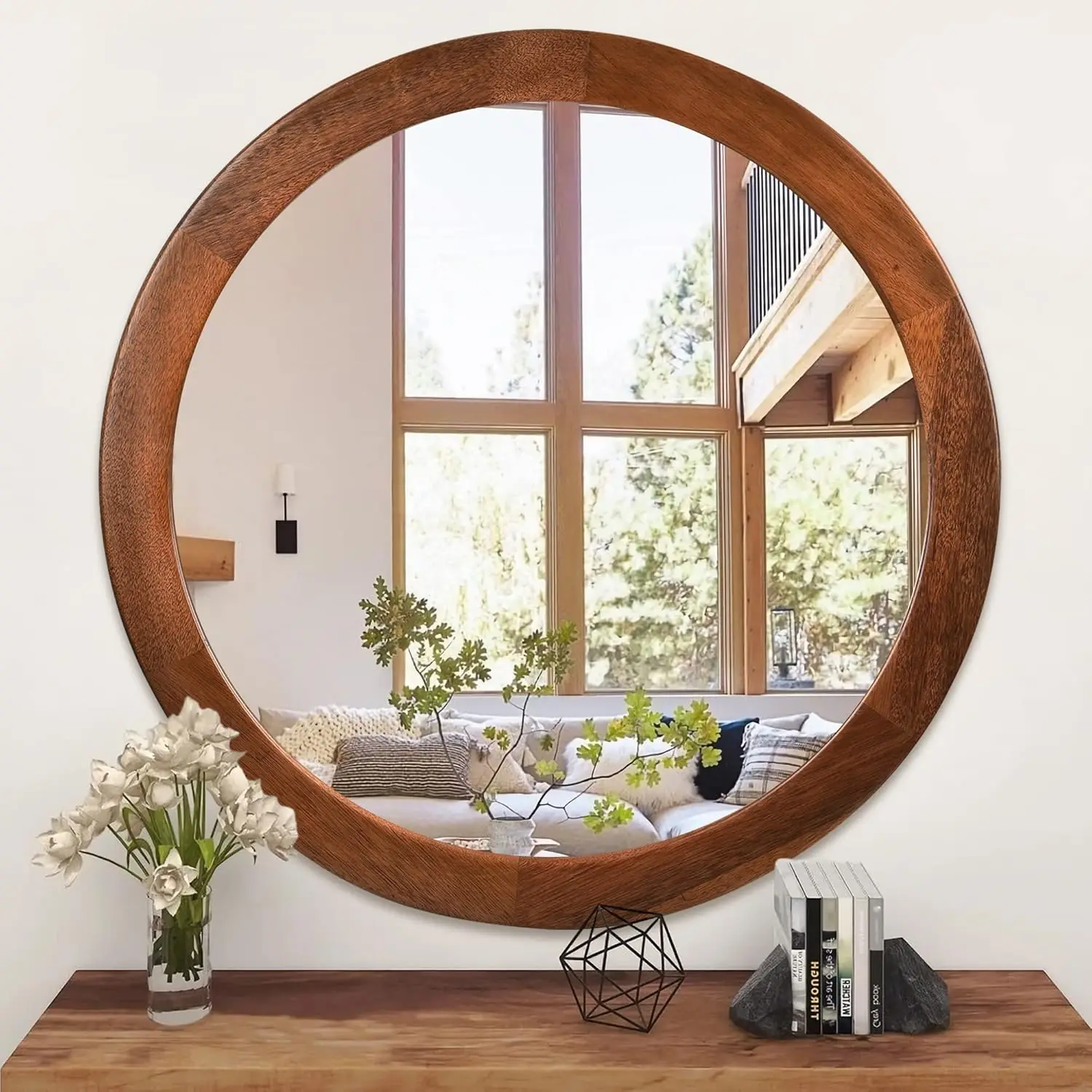 

Culer Round Mirrors 30 Inch,Wood Vanity Wall Rustic Mirror With Walnut Frame, Wooden Mirror For Bathroom Bedroom Living Room Or