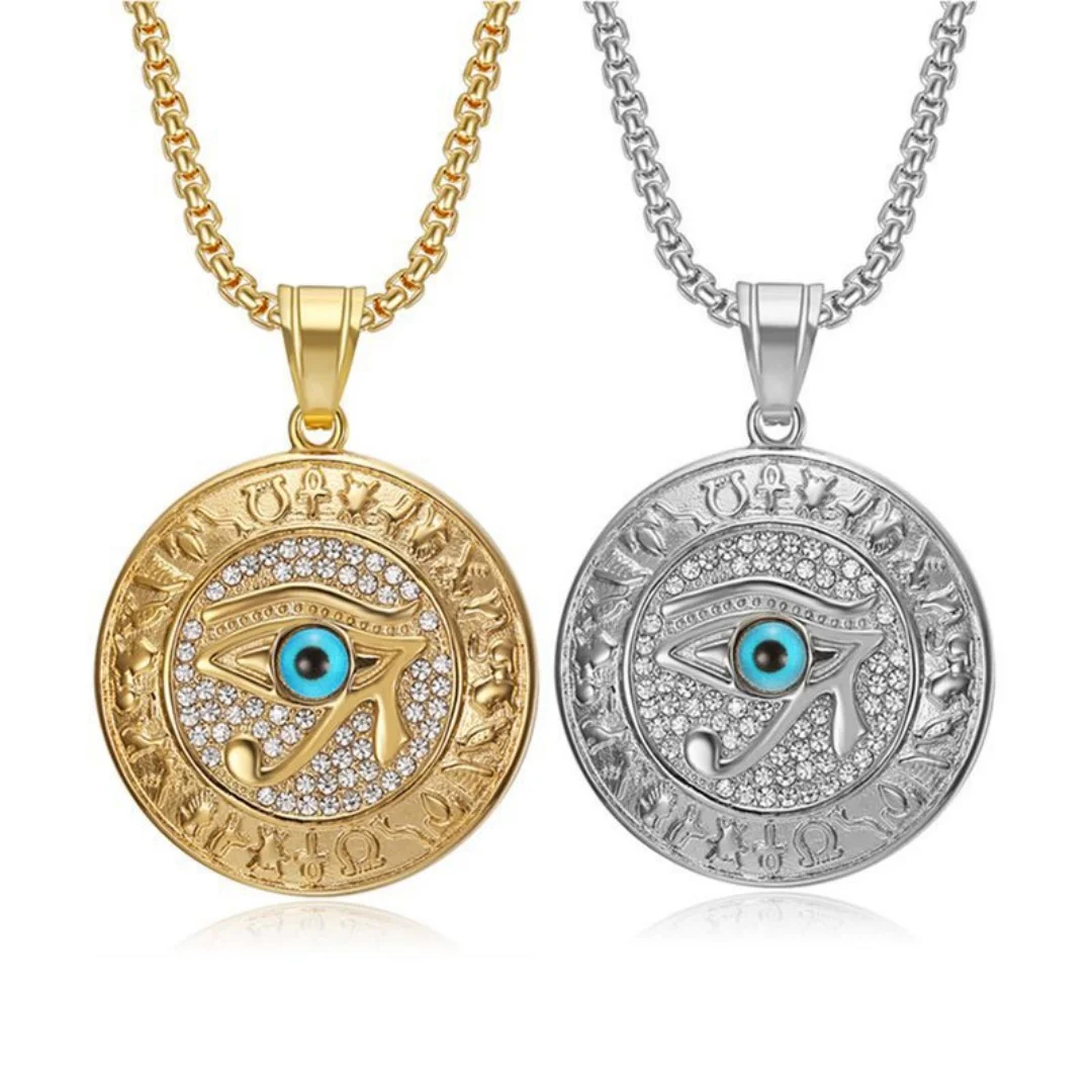 

Ancient Egypt Hieroglyph Eye of Horus Pendant Gold Silver Color Stainless Steel Round Necklace for Man Woman Egyptian Jewelry