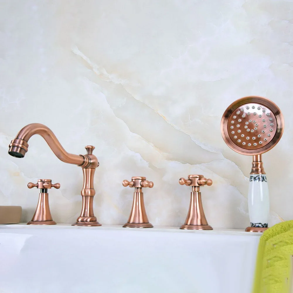 Deck Mounted 5 Hole Antique Red Copper Bathroom Roman Tub Faucet Mixer Tap Set With Hand Shower Ltf215