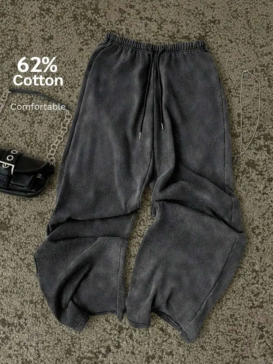 

Черные свободные прямые спортивные брюки с эффектом потертости, на шнурке на талии, 62% хлопок