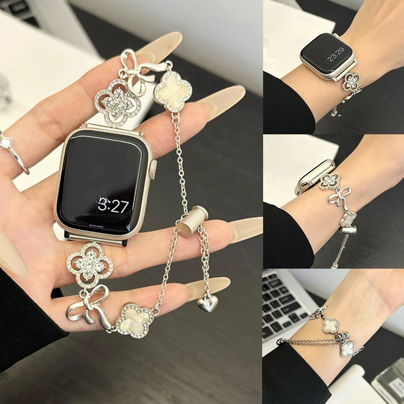 

Luxury Diamond Clover Strap for Apple Watch Band 40mm 41mm 44mm 42 46 49 Metal Link Bracelet for IWatch Series 10 9 8 7 6 5 4 Se