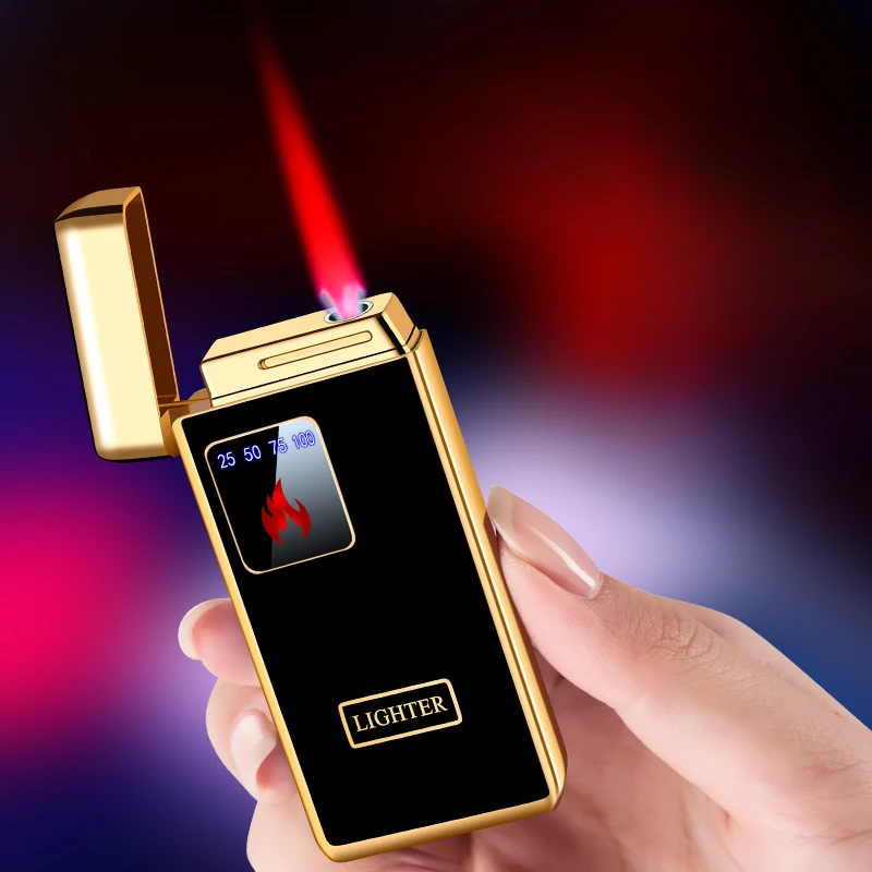 

Металлическая ветрозащитная газовая зажигалка с синим пламенем и Бутаном, цифровой дисплей батареи с сенсорным датчиком зажигания, зарядка через USB, аксессуары для курения