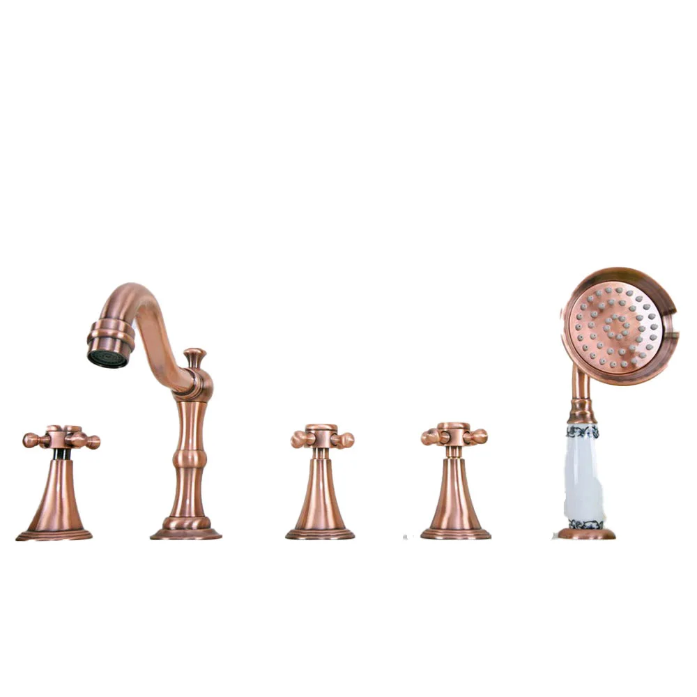 Deck Mounted 5 Hole Antique Red Copper Bathroom Roman Tub Faucet Mixer Tap Set With Hand Shower Ltf215