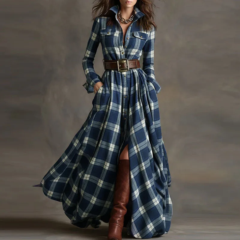 Vintage Plaid Printed Draped Loose Shirt Dress Autumn Elegant Lapel Button Long Dress Lady Casual Long Sleeve Pocket Party Dress