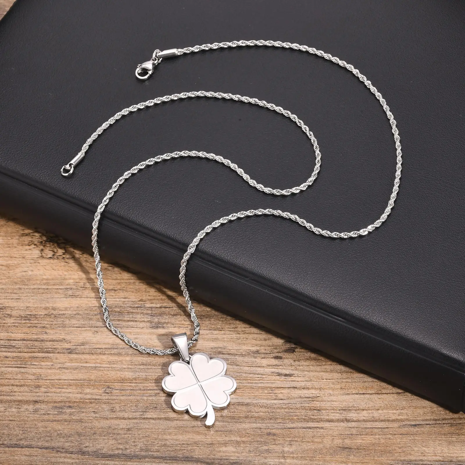 MP Lucky Leaf Necklaces for Men Boys,Stainless Steel Four Leaf Clover Pendant with 50cm/55cm/60cm Rope Chain,Blessing Gift