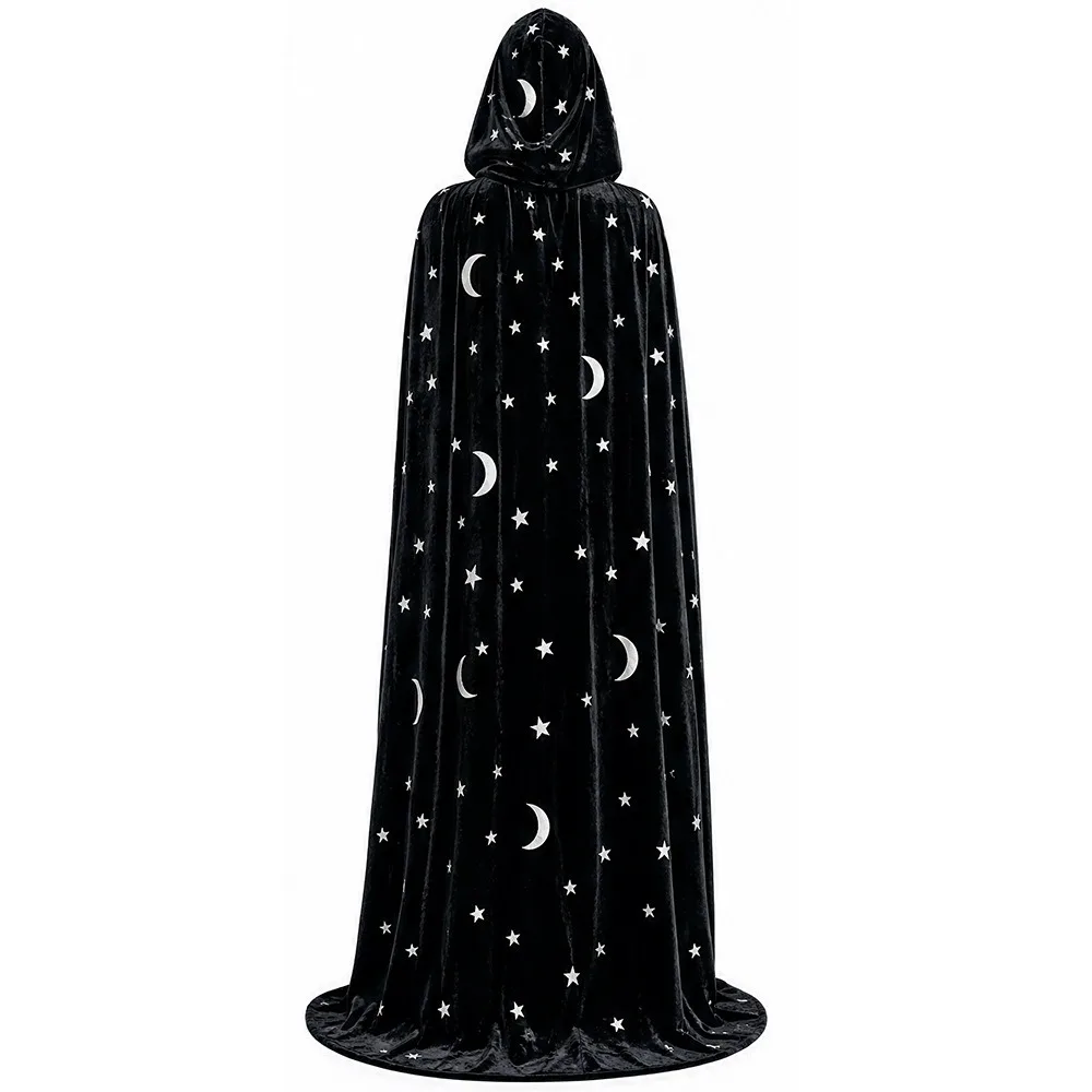 with Oversized Hood Halloween Hooded Cloak Moon and Star Print Ribbon Tie Closure Vintage Hooded Cape Vintage Polyester Velvet