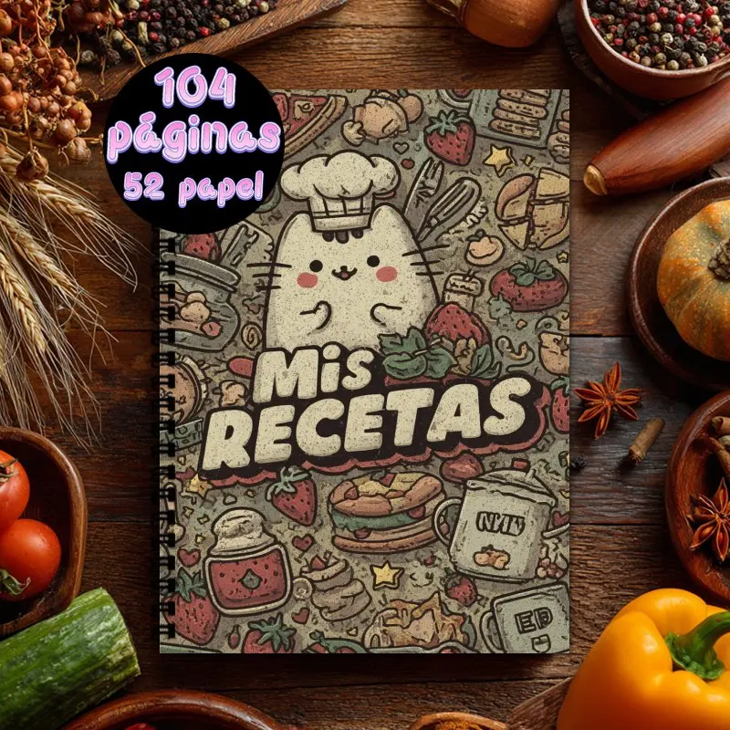 Cuaderno de recetas en espiral A5 España, libro de colección Recipe para hombres y mujeres, puede contener hasta 100 recetas, lindo diseño de gato Chef