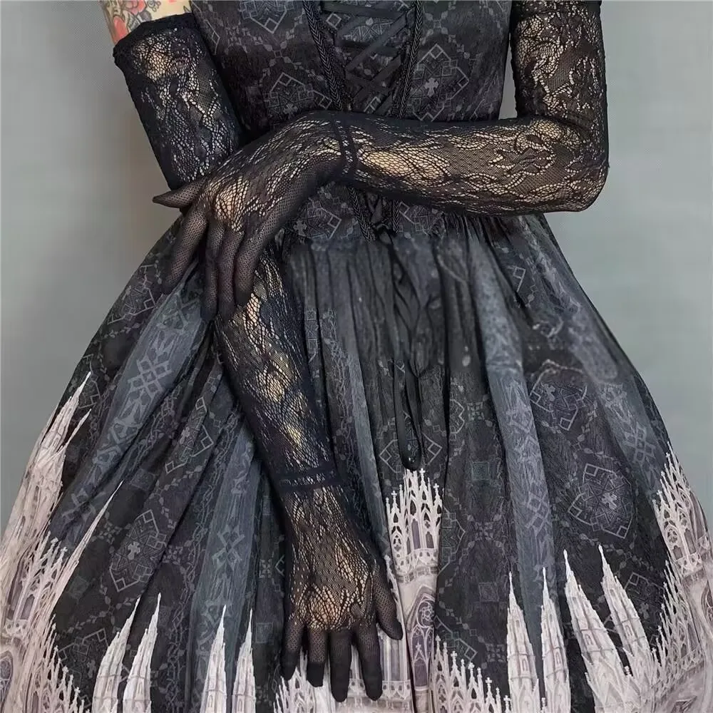 المرأة مثير مرحلة الحفلات الأداء تأثيري JK لوليتا نمط الجوف خارج الصيد صافي الدانتيل الأزهار مرونة عالية قفازات طويلة