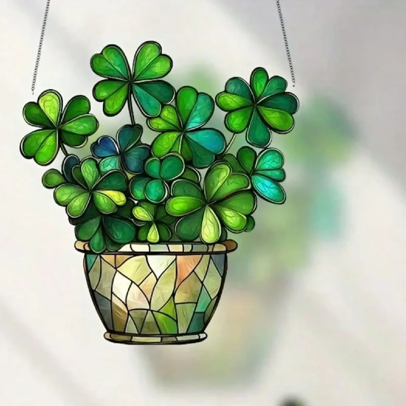 Picture 3: 1PCS St. Patrick's Day Lucky Clover Sun Catcher - Window Hanging Decoration, Colorful Glass Style Home Office Light Catcher,