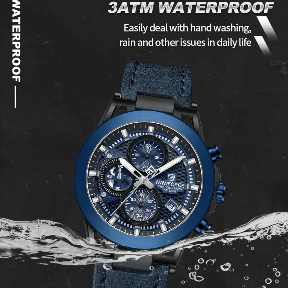 NAVIFORCE jam tangan kuarsa untuk pria, arloji militer tahan air tali kulit dengan fitur Chronograph, jam tangan olahraga untuk pria