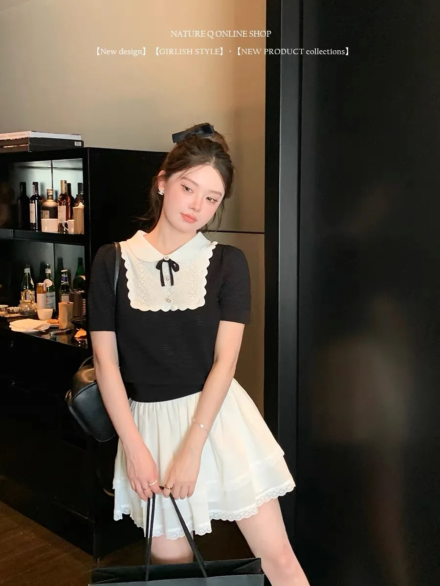 Summer Vintage Bow Sweater For Women Knitted Tshirt Tops Short Sleeve Color-blocked Elegant Stylish Chic Ladies Tees Jumper 2024