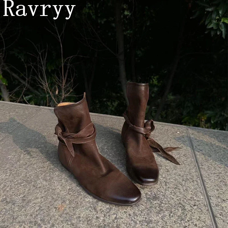 

Retro Design Women Square Toe Ankle Boos Bow Tie Wrapped Strap Tied Short Boots Flat Bottomed Comfortable Casual Shoes