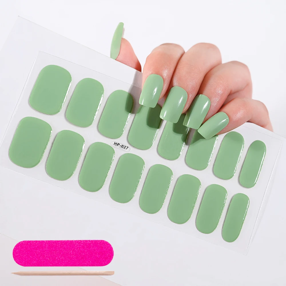 1Sheet/16Tips Semi-Cured UV Gel Nail Art Stickers Oval Solid Colord UV/Led Lamp Decals+1File&Stick Full Cover Nails Polish Wraps