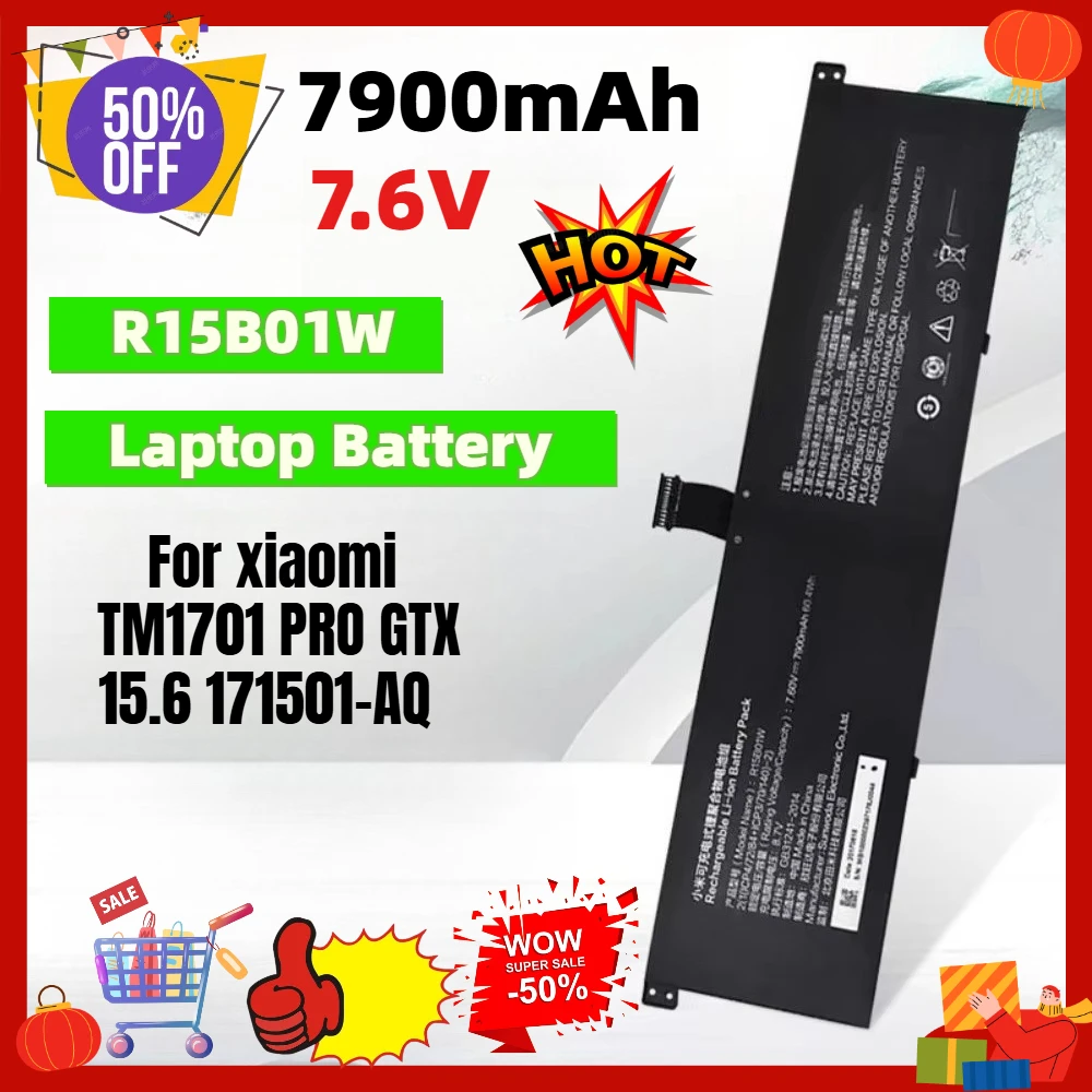 7900mAh Large capacity 7.6V R15B01W for Xiaomi TM1701 PRO GTX 15.6, 171501-AQ, Replacement Laptop Lithium ion Battery