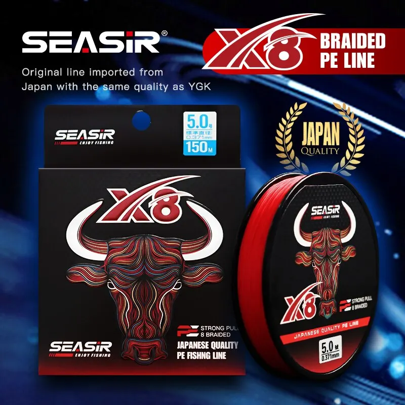 Seasir RedBull 8 geflochtene Pe-Angelschnur, 150 m, 0,8–5,0 12–50 lb, japanische Qualität, Multifilament, hochfeste Stränge, Hauptschnur