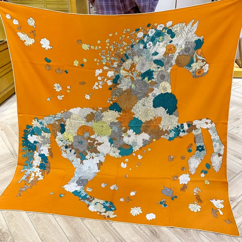 

Yellow Horse Print Silk Wool Scarfs Winter Luxury Large Shawls Head Stole Wrap Bandana for Women Scarves 135cm