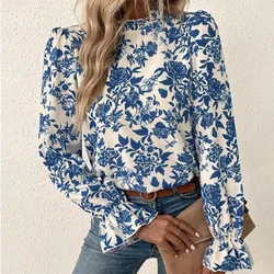 Autumn and Winter Elegant Fashion Chic Office Lady T-shirt Women Half High Neck Long Flare Sleeve Loose Casual Print Floral Top