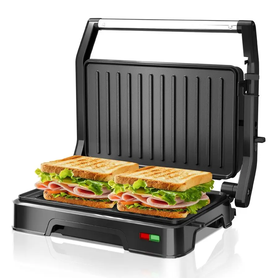 

Пресс-гриль и сэндвичница на 2 ломтика, с регулируемым шарниром на 180°, антипригарные чугунные пластины для панини, кесадильи, вафель и многого другого, простое управление