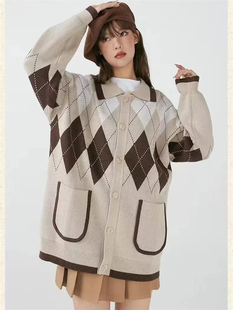 

Women's Fat mm Knitwear 2023 Spring and Autumn New Loose Sweater Female American Academy Style Diamond Lattice Cardigan Coat