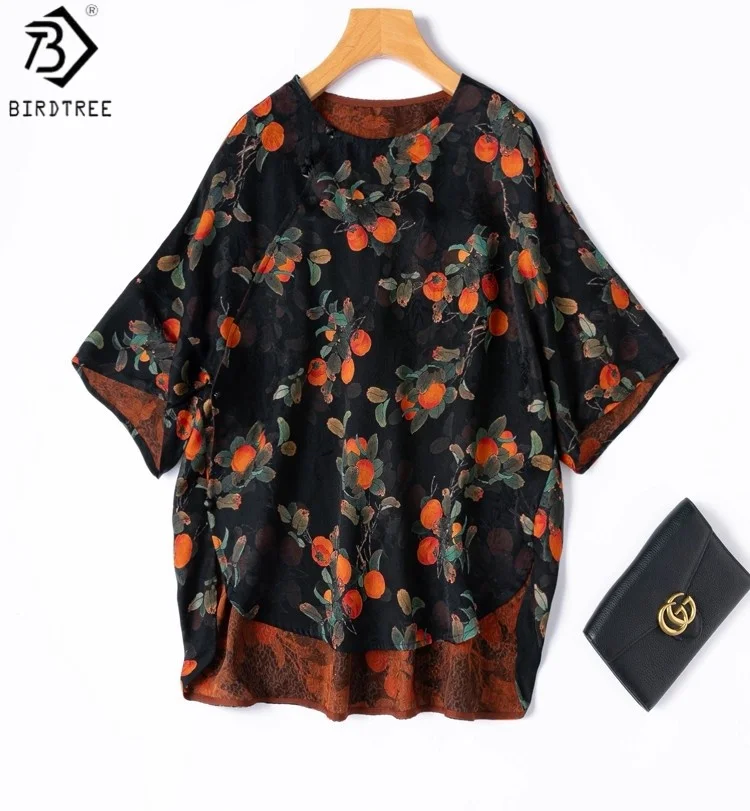 

Birdtree 100% Mulberry Silk Persimmon Print Shirt,Women Jacquard Xiangyun Yarn Diagonal Placket Loose Blouse,2025 New T58119JF