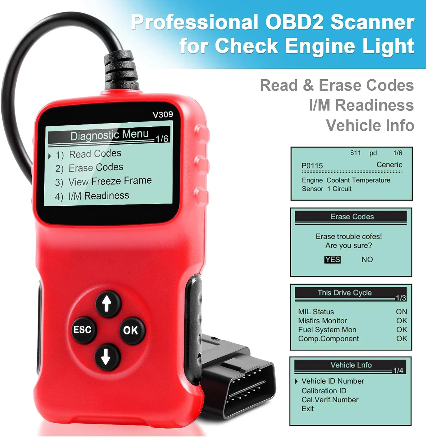 V309 OBD2 Scanner Automotive Diagnostic Troubleshooter Automotive Engine Trouble Code Reader OBD2 Check Engine Lights