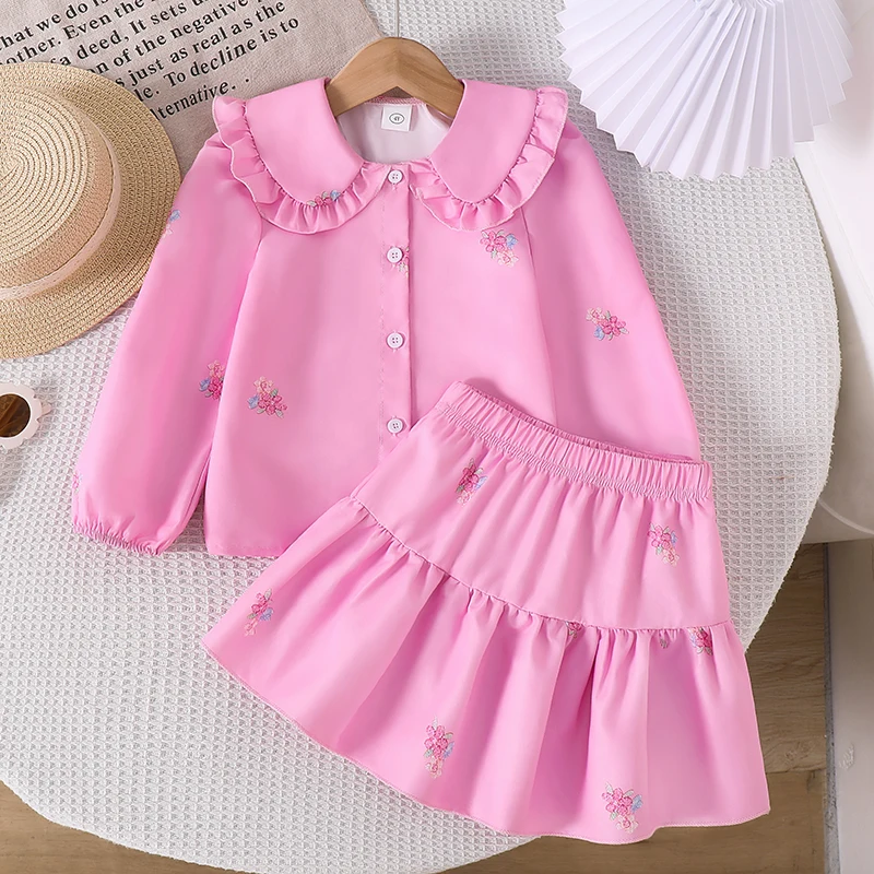 

Осенний новый однотонный розовый кукольный воротник из 2 предметов, однобортный топ с длинными рукавами и однотонная юбка для девочек, повседневный комплект