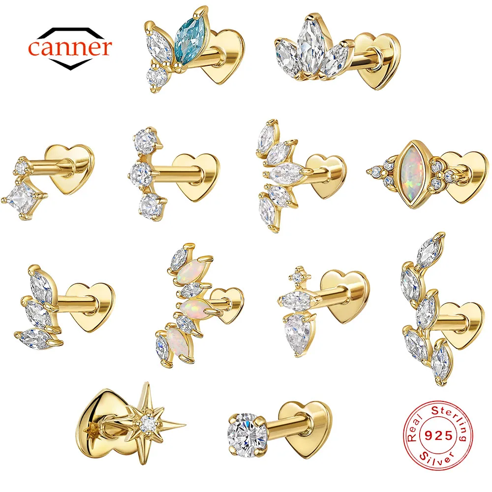 CANNER 1PC 925 Sterling Silver Crown Horse Eye Zircon Heart Flat Head Cartilage Piercing Stud Earring Dla kobiet Claasic Earring