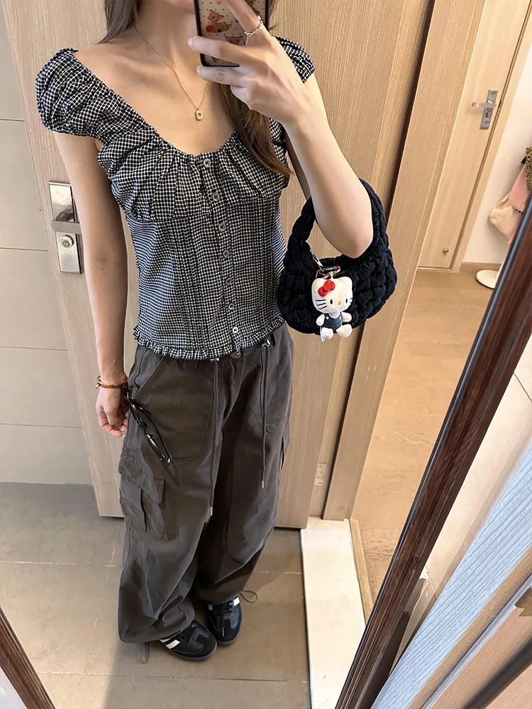 

Корейский клетчатый ор Све irt в стиле ретро, женский летний тонкий утягивающий топ небольшого размера, универсальный топ или длина с квадратным воротником