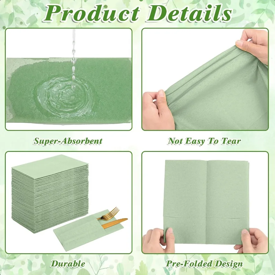 60 قطعة مناديل ورقية من الكتان الأخضر المريمية مع أدوات مائدة مدمجة وجيب مناديل كتان قماش مطوية مسبقًا مثل المناديل الورقية