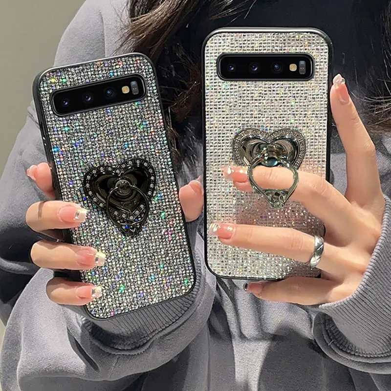 Luxus glänzendes Leder TPU Love Heart Bracket Handyhülle für Samsung Galaxy S10 4G 5G Lite Plus Rückseite