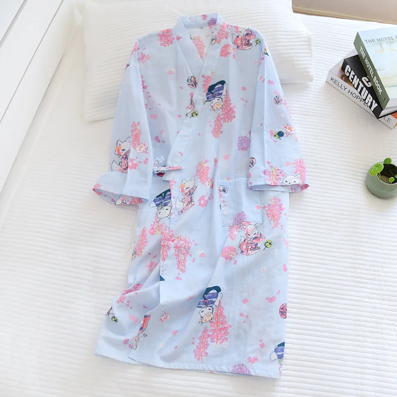 Rabbit Kimono Summe Sleeping Skirt Pajamas Robe 100% Cotton Gauze V-neck Simple Loose Sleepwears Nightly Pijama Home Clothing