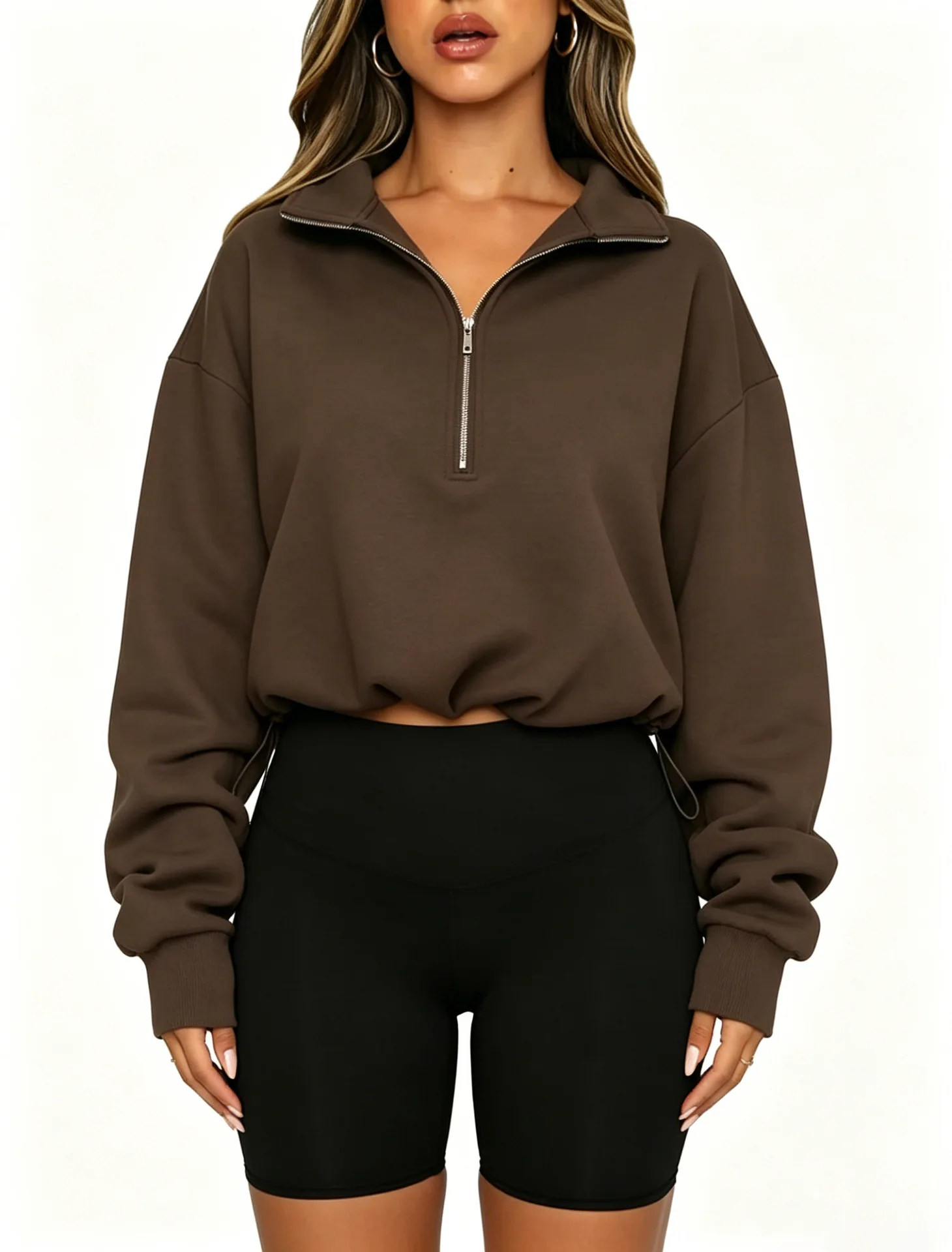Women Half Zip Sweatshirt Cropped Pullover Oversized Long Sleeve Drawstring Hem Hoodie Y2K Athletic Sportswear
