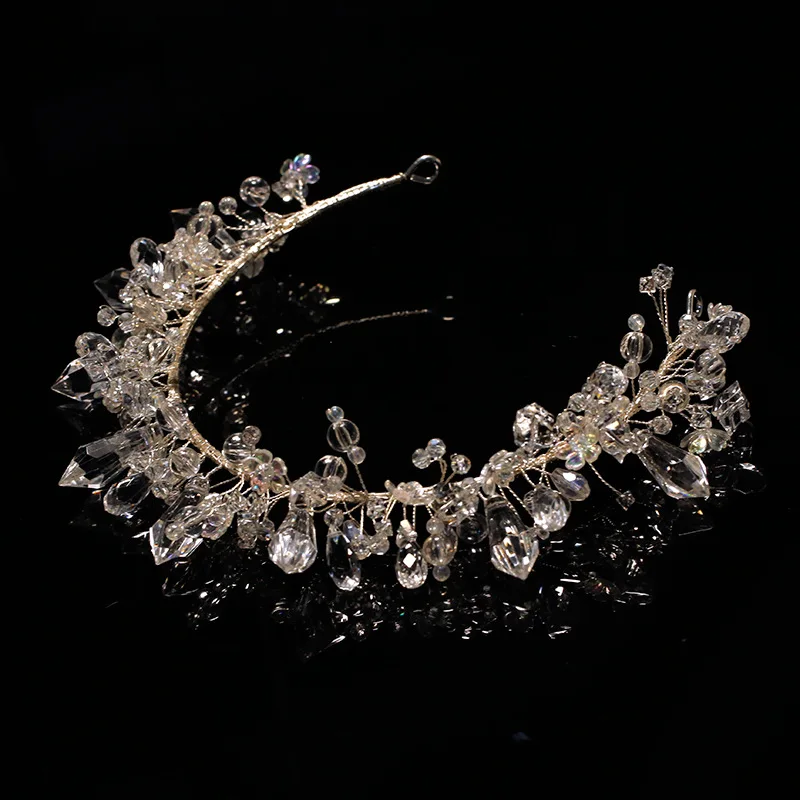 NiuShuya Sparkling Clear Crystal Hairband Handmade Beading Wedding Crown Accessories