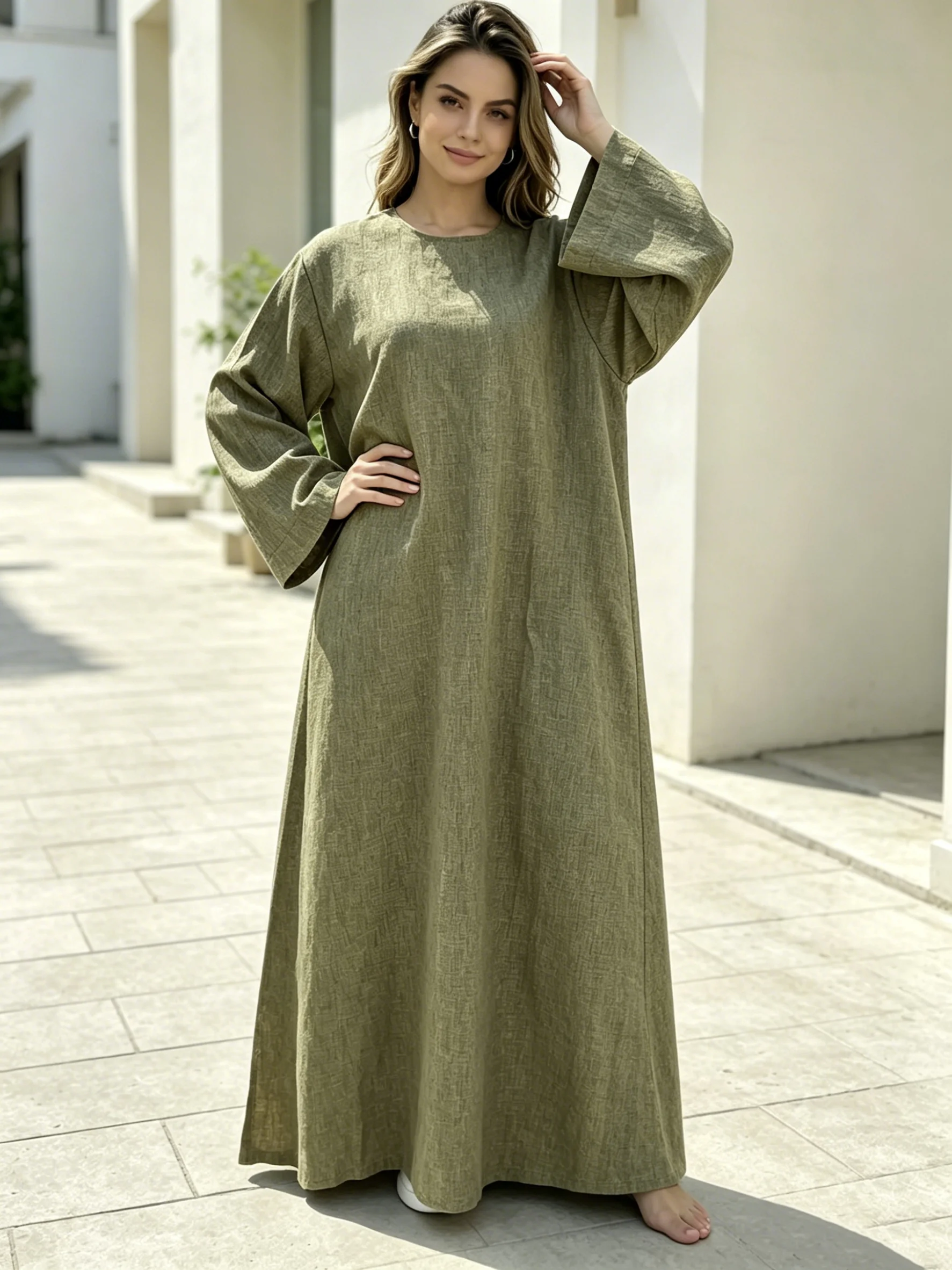 Women's Casual Elegant Ramadan round Neck Long Sleeve Solid Color Loose Waist Kaftan Dress Long Skirt