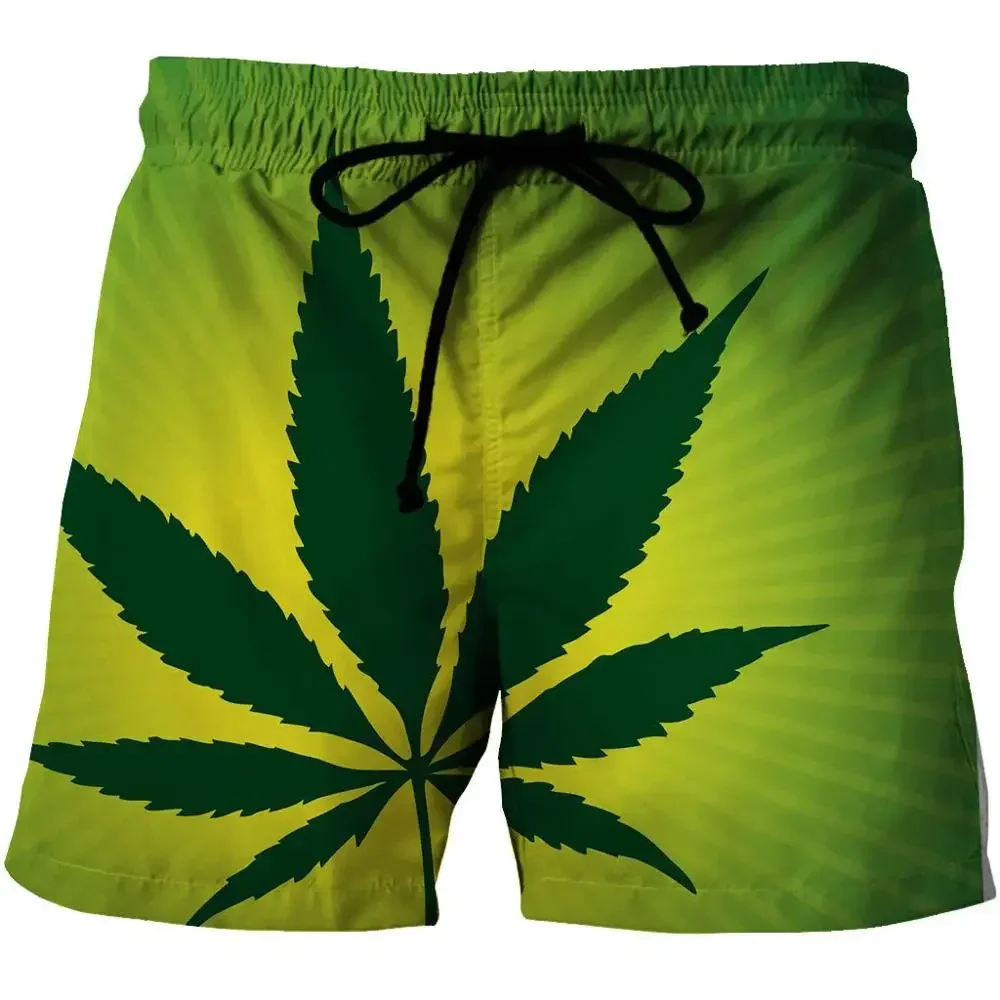 3D Print Cannabis Pattern Beach Shorts Men Summer Loose Surfing Shorts Quick Dry S-XL Swim Trunks