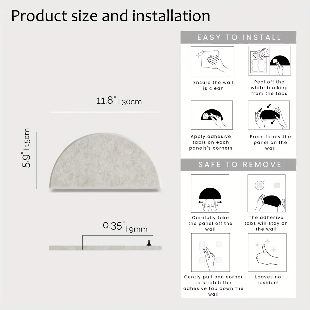 6/12pcs Self-Adhesive Semi-Circular Felt Panels - Soundproofing Wall Panels Suitable for Photo Walls, Home & Office Decor