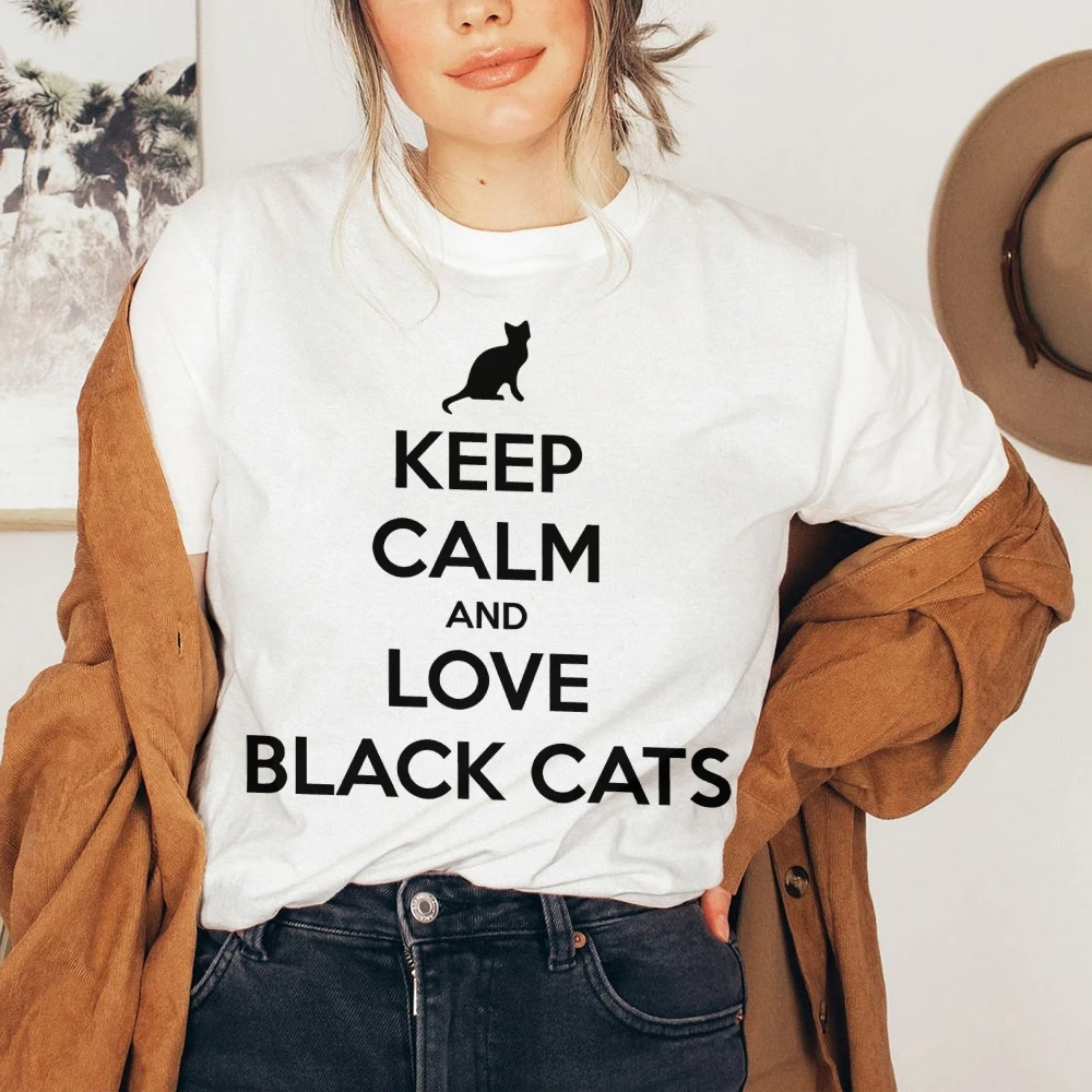 

Classic Keep Calm and Love Black Cats Printed Crew Neck Short Sleeve Crop Top Colorful Trendy & Fun Cat - Culture T - Shirt