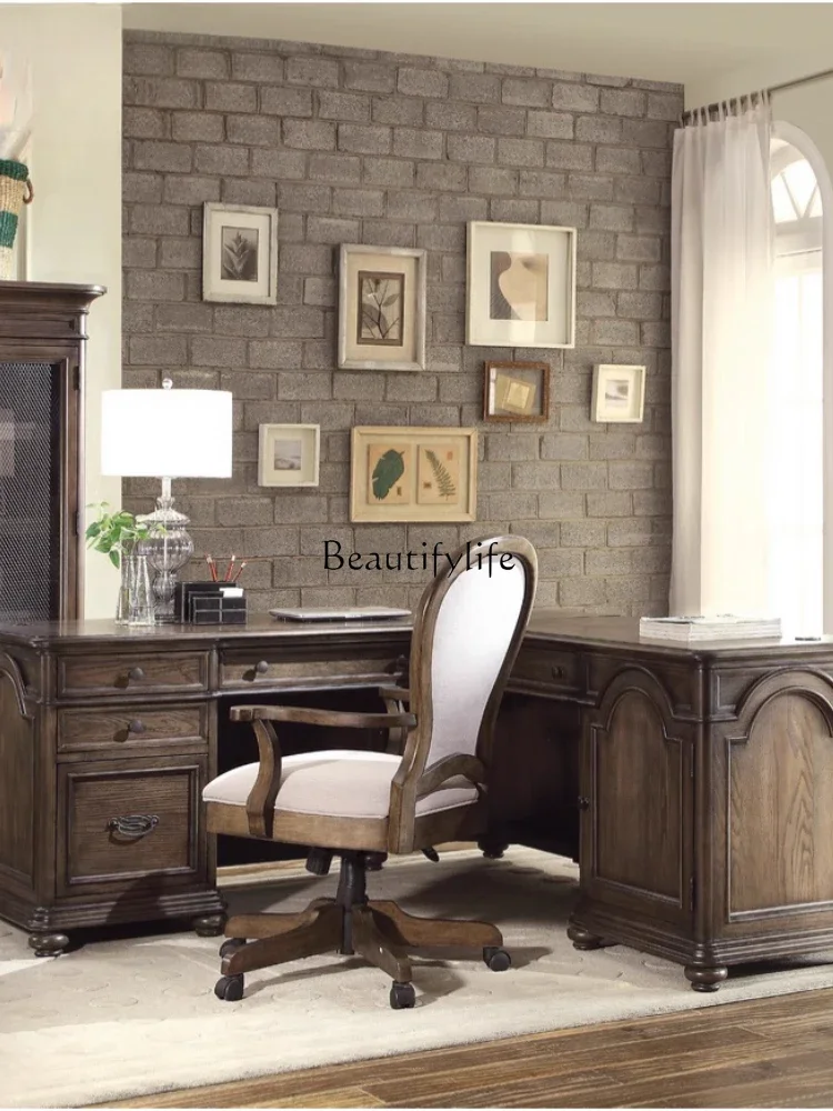 jj * Scrivania angolare in rovere vecchio studio retrò europeo, legno massello americano