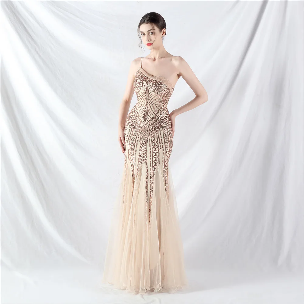 Robe de Soirée Longue en Forme de Sirène Dorée pour Femme, Tenue de Bal Chic, Dos aux, Paillettes, Tulle, Formelle, Vente en Gros