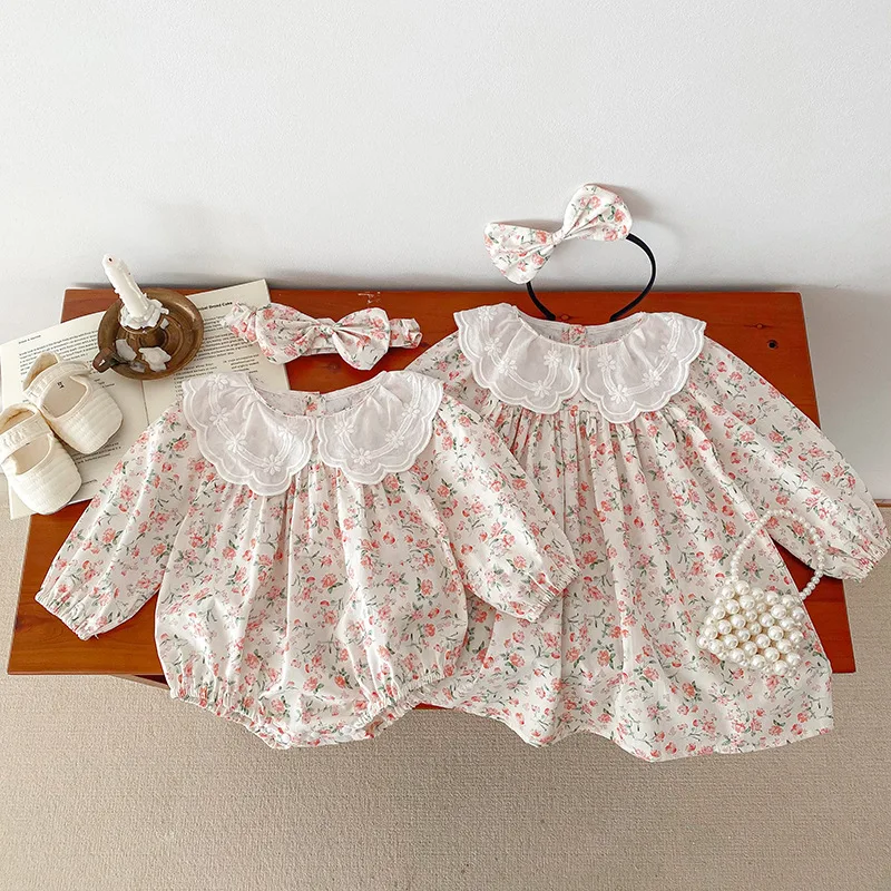 Spring 2024 Baby Girl Romper Korean Long Sleeve Sisters Floral Children Girls Dress Cotton Lace Loose Toddler Girls Outfits