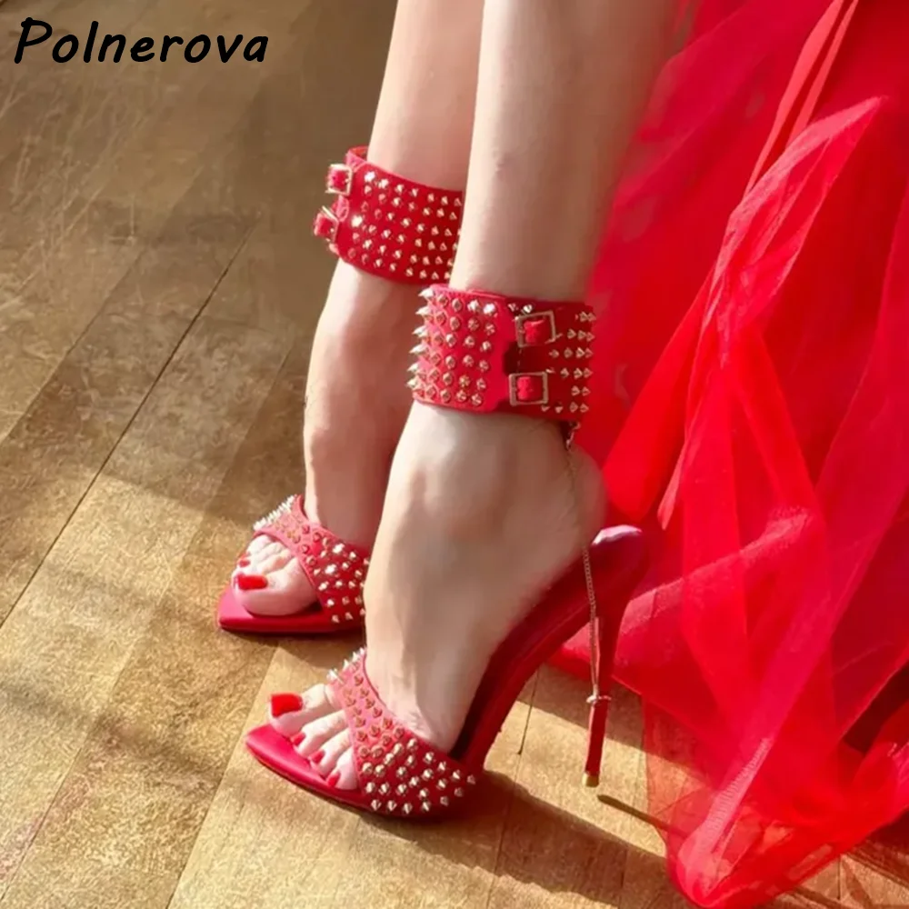 Black/red Studded Open Toe Sandals Stiletto Heel Punk Style Shoes Spiked Ankle Cuff & Chain Summer Women Club Streetwear Shoes