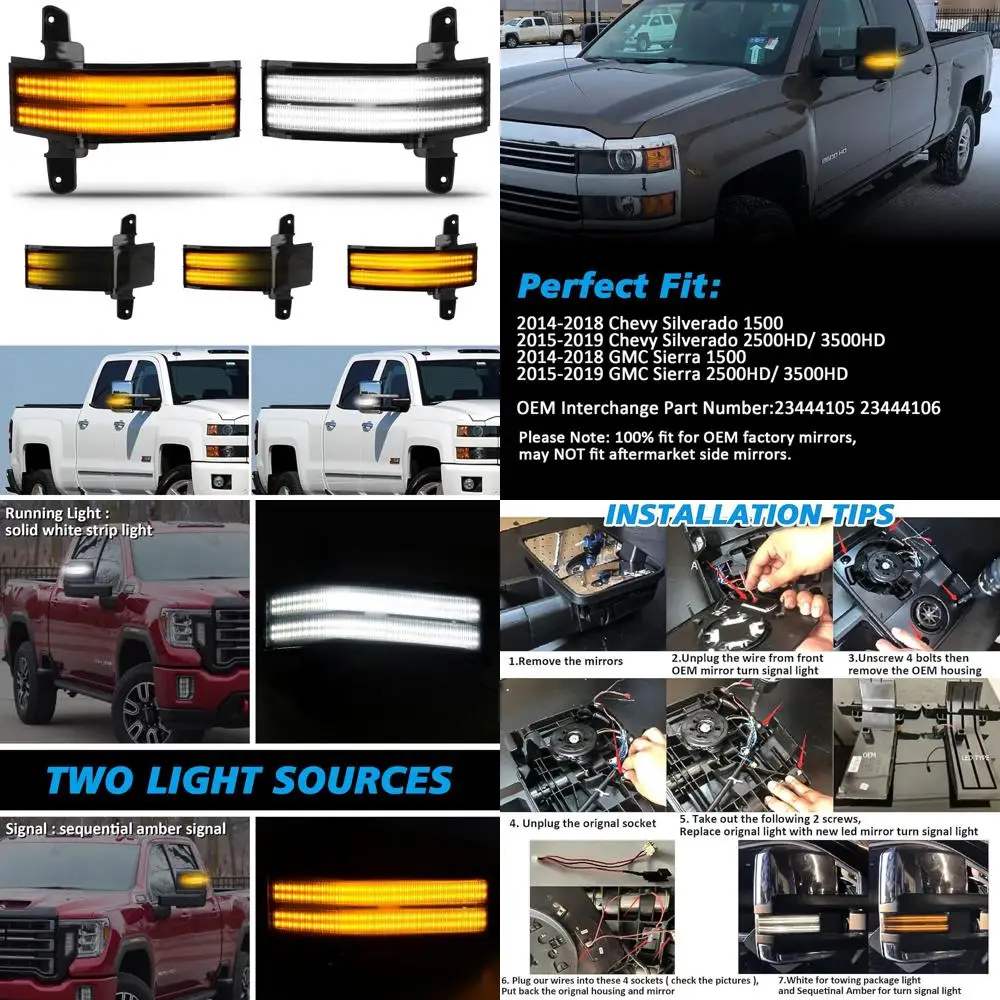 

Chevy Silverado GMC Sierra 1500-3500HD 2014-2019 Динамический янтарно-белый последовательный светодиодный указатель поворота бокового зеркала, дымчатый объектив