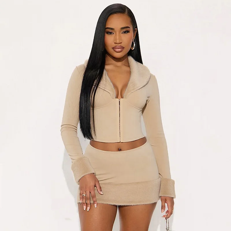 

FAGADOER Sexy Fur Patchwork 2 Pieces Set for Woman Outfit Solid Color Deep V-neck Crop Top + Skirt Female Streetwear Clothing