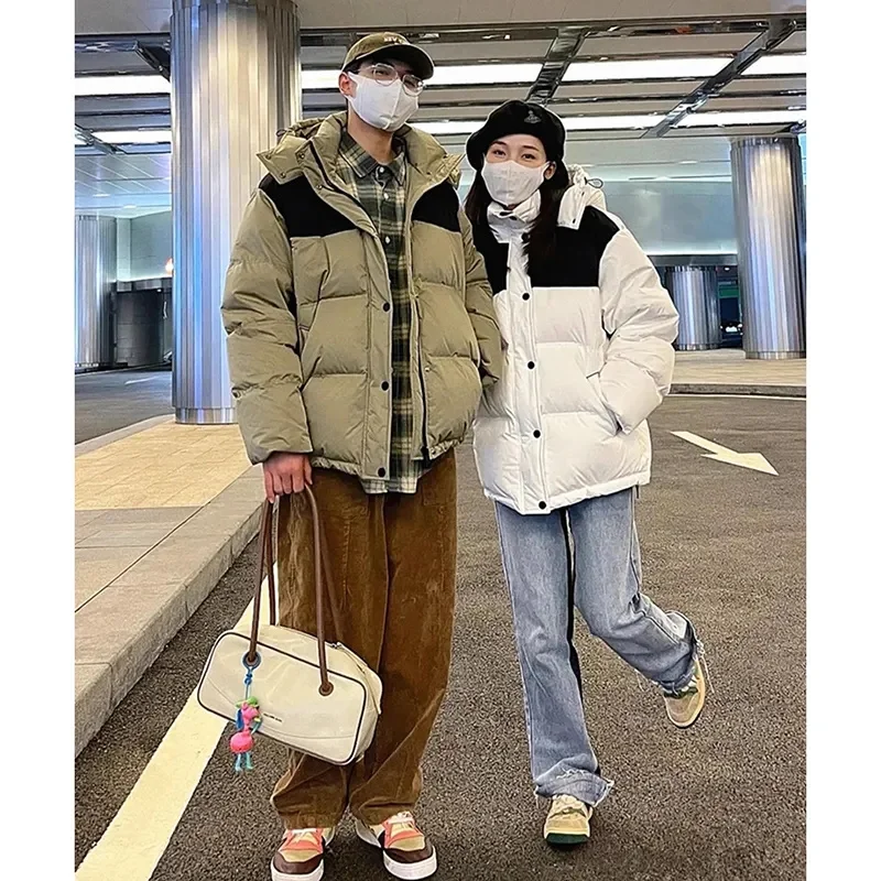 2023 Winter New Cotton-padded Jacket Women's Short Hooded Color Matching Korean Loose Thickened Couple Men's and Female Outwear