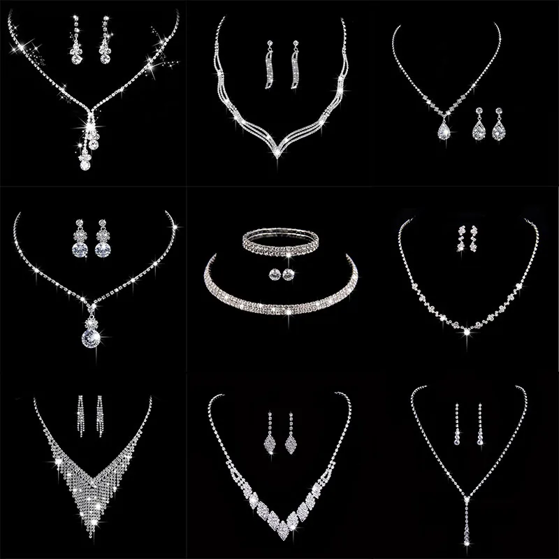 

Fashion Crystal Bride Jewelry Set Rhinestone Silver-plated Wedding Dress Banquet Necklace Earring Set Ladies Gift
